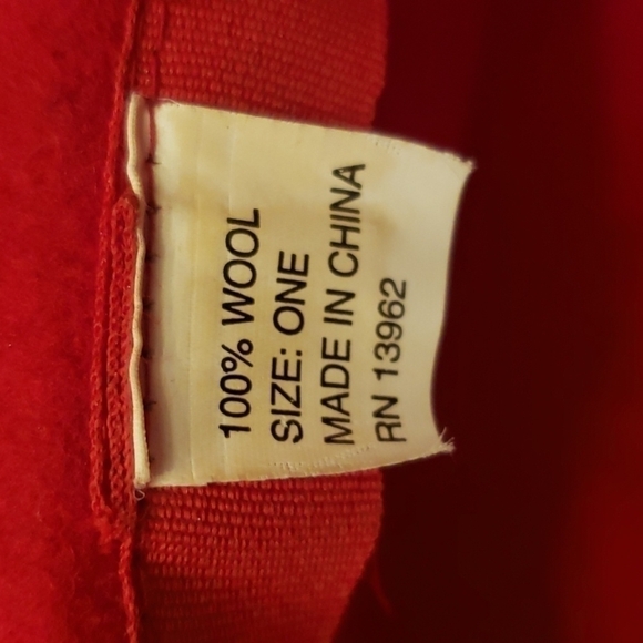 ?red wool hat with scarf & broche. main image 5